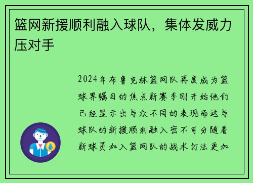 篮网新援顺利融入球队，集体发威力压对手