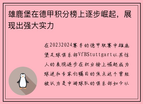 雄鹿堡在德甲积分榜上逐步崛起，展现出强大实力