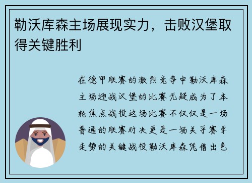 勒沃库森主场展现实力，击败汉堡取得关键胜利