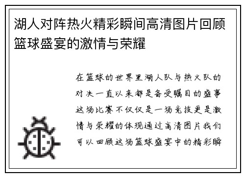 湖人对阵热火精彩瞬间高清图片回顾篮球盛宴的激情与荣耀