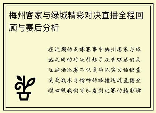 梅州客家与绿城精彩对决直播全程回顾与赛后分析