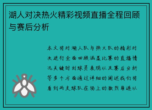 湖人对决热火精彩视频直播全程回顾与赛后分析