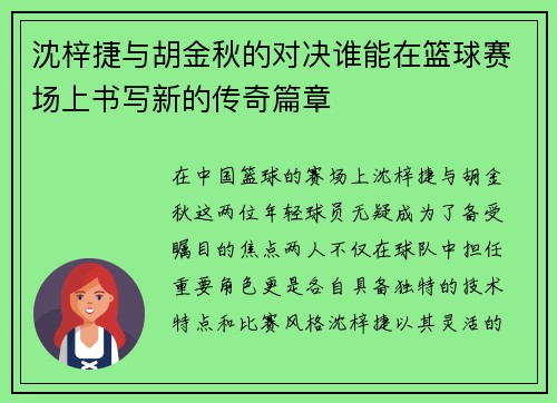 沈梓捷与胡金秋的对决谁能在篮球赛场上书写新的传奇篇章