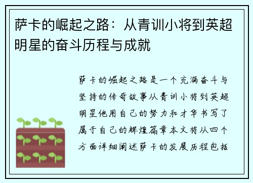 萨卡的崛起之路：从青训小将到英超明星的奋斗历程与成就