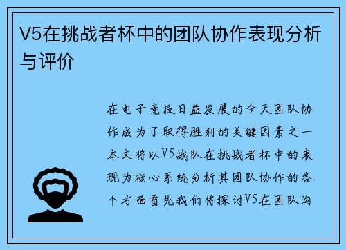 V5在挑战者杯中的团队协作表现分析与评价