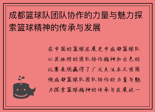 成都篮球队团队协作的力量与魅力探索篮球精神的传承与发展