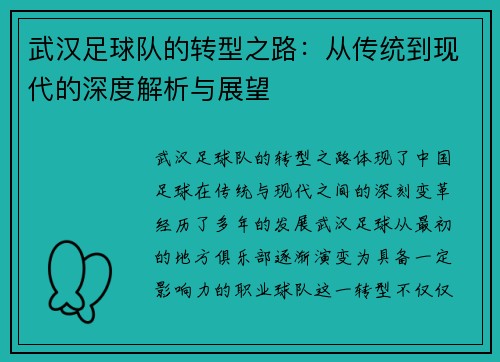 武汉足球队的转型之路：从传统到现代的深度解析与展望