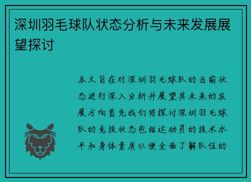 深圳羽毛球队状态分析与未来发展展望探讨